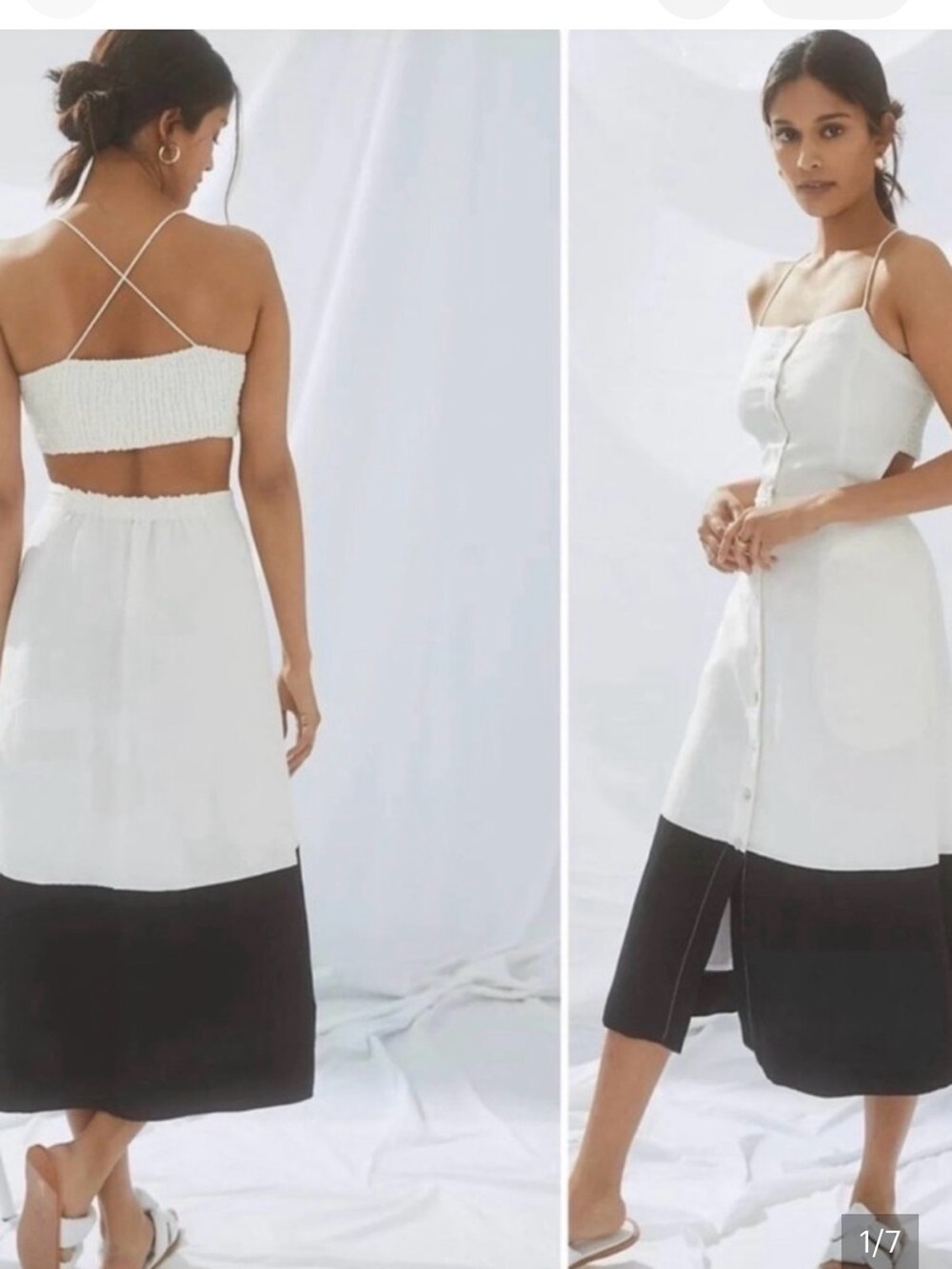 Anthropologie off white and navy Midi  linen Dress-